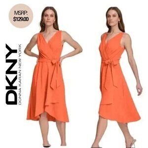 NWT DKNY Women's Orange Sleeveless Surplice Neck Wrap Dress- Size 10
